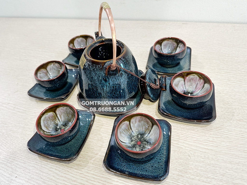 Bộ ấm chén men hỏa biến xanh lòng chén hoa dáng siêu 5